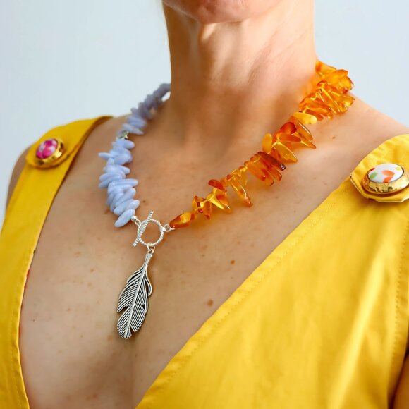 Amber & Agate Feather Pendant Necklace - Picture 3 of 10